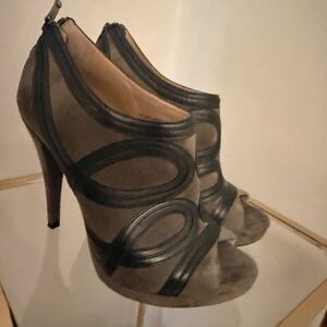 Women's Taupe Suede Peep-Toe High Heel Booties with Black Trim